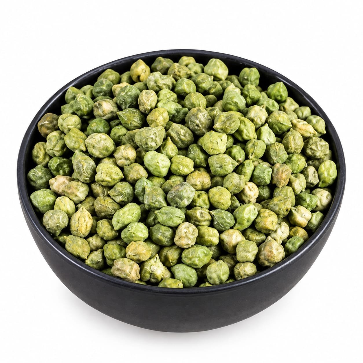 Green chickpeas in a black bowl