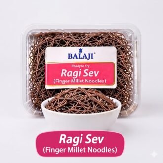 Balaji Ragi Sev ready-to-fry finger millet noodles in a clear container