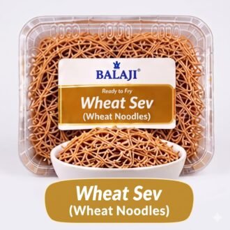 Balaji Ready to Fry Wheat Sev (Wheat Noodles) in a clear container